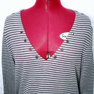 Hannah XL Grey Striped Thermal 3/4 Sleeve Shirt